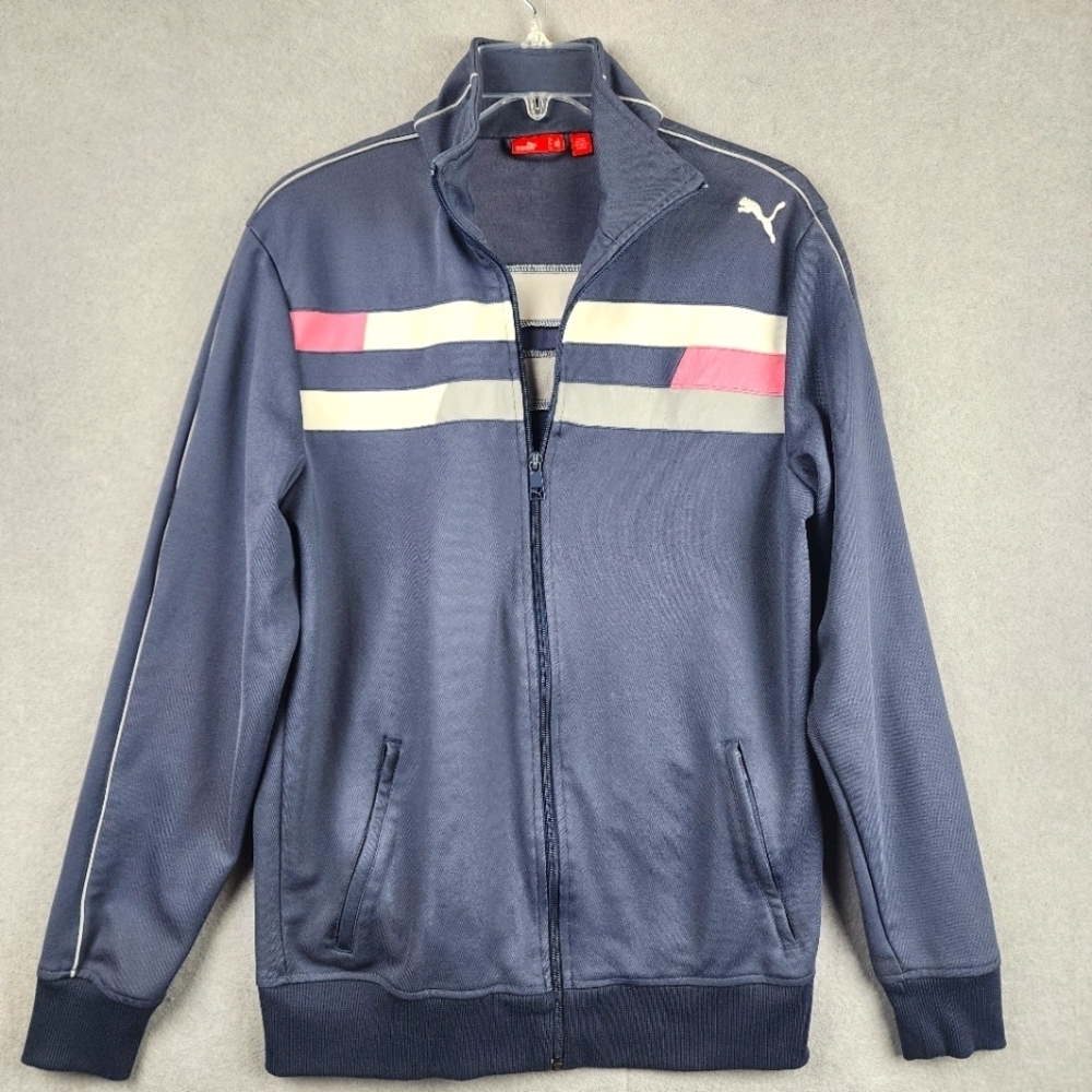 Puma Navy Zip-Up Jacket with Pink Gray White Stripes Size Small Streetware